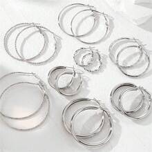 16件/日常用大圈耳环金属圈耳环时尚大圈耳环套装耳环多件套 - 銀色 - 查看 1