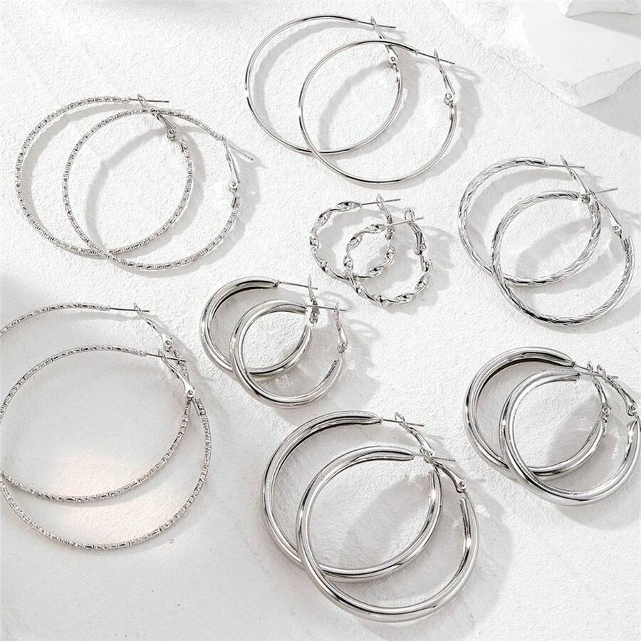 16件/日常用大圈耳环金属圈耳环时尚大圈耳环套装耳环多件套 - 銀色 - 查看 1