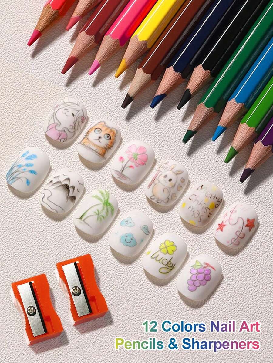 MAOMIA 2pcs/12pcs/14pcs Nail Art Painting Pens And Sharpener Set, 12Pcs Nail Art Colored Pencils Graffiti Drawing Pens And 2Pcs Pencil Sharpener Tools For Nail Salon Drawing Tools DIY Art,Nail Supplies,Nail Tools,Nail Art Tools,Back To School,Nails,Nail Tools For Press On Nails,Manicure Pedicure Tools - Multicolor - View 1