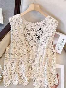 Chaleco/Cardigan de mujer de punto calado con paneles de encaje en color albaricoque