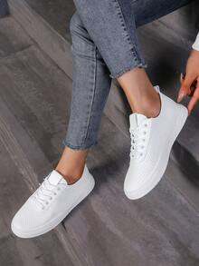 Women's Preppy Style Perforated Trainers, Breathable Casual Sneakers, Versatile & Lightweight - ALL-wHITE - View 3