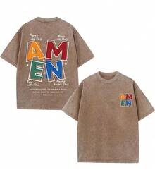 GLEC Amen. With God In Your Heart, Be With God, And Never Doubt Him. Classic Letter And Portrait Design, Dropped Shoulders. May God Bless You. Classic Retro-Style Casual Colorful Letter Print High-Quality 230g Washed Cotton T-Shirt. Men's Summer High-Quality Printed Cotton Retro-Style Brand Loose Soft Comfortable Casual Multi-Color T-Shirt, Suitable For Summer Outdoor Wear, With A Certain Thickness. Suitable For Everyday Wear, Or As A Gift For Friends Or Back-To-School Gifts. - 咖啡棕 - 查看 1
