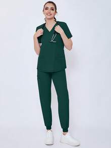 (Four-Piece Set) Scrubs Uniform Women's Running Matte Elastic Sports Nurse  Uniform Wash Clothes Work Clothes Breathable Scrub Shirt - Màu xanh lá cây đậm - Xem 9
