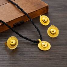 Golden Color Jewelry Set - Round Geometric Pendant, Ring, Earrings, Traditional Dubai Style Bridal Jewelry Gift For Women - A - View 5