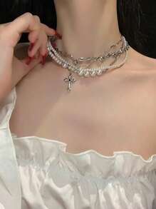 1 Set Of European & American Style Classic Versatile Fashionable Niche Exquisite Pearl Beaded Necklace, Multi-Layer Wear For Men & Women, Sweater Chain, Heavy Choker Necklace,