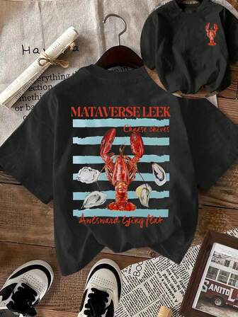 女士休闲龙虾印花圆领短袖T恤，外出夏日沙滩，海盐味