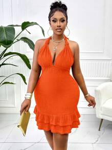 BIUBIU Vestido sexy de verano para mujer talla grande con escote en V profundo, cuello halter, hombros descubiertos, dobladillo con volantes dobles y espalda descubierta