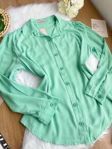 Women's Solid Button Down Shirt CasualSP035 - Green - View 2