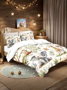 Juego de ropa de cama de 4 piezas con diseño de paisaje vívido con monos, elefantes y jirafas del bosque, que incluye funda nórdica con cremallera y estampado digital, adecuado para dormitorio, pensión, (1*Funda nórdica + 2*Fundas de almohada + 1*Sábana), regalo perfecto de primavera/verano para amantes de los dibujos animados
