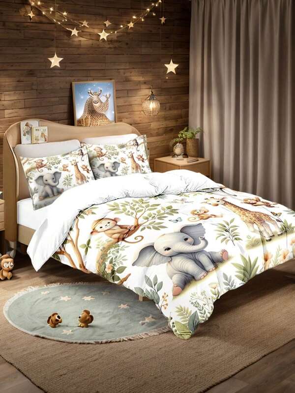 Conjunto de cama infantil com tema de floresta, macaco, elefante e girafa, com padrão de paisagem vívida, 4 peças, incluindo capa de edredom com impressão digital e zíper, adequado para quarto e dormitório (1 capa de edredom + 2 fronhas + 1 lençol), presente perfeito de primavera/verão para amantes de desenhos animados