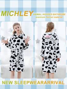 MICHLEY MICHLEY 1pc Kids Hooded Bathrobe With Belt Pockets Cartoon Animal Cow Style Soft And Comfortable Nightgown Unisex Suitable For Living Room, Swimming Pool, Bathroom Kids Gift