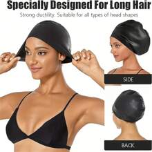 1pc Summer Silicone Black Swimming Cap, For Long Hair, Swimming Accessories Beach Essential