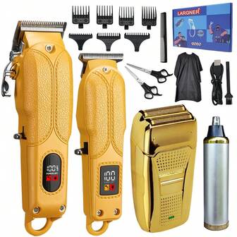  LARGNER FIVE In One Professional GOLDEN Hair Clipper Electric Foil Shaver, Nose Hair Trimmer Set For Men Cordless Beard Trimmer Rechargeable Electric Shaver Hair Grooming Kit 3 Pieces Kit Suitable For Father's Day Gift