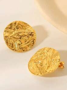 Minimalist Stainless Steel Asymmetrical Round Stud Earrings, Fashionable And Elegant For Women - Yellow Gold - View 7