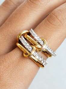  1pc Creative 18K Gold Plated Stainless Steel Zirconia Decorated Multilayer Circle Linked Single Ring Suitable For Women Men Couple Everyday Wear And Gift