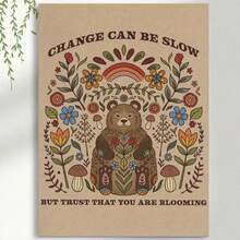 Framed Inspirational Boho Bear Floral Art Print, Art Deco Style Botanical Folk Poster, Portrait Orientation Medium With Spiritual Quote "Change Can Be Slow But Trust That You Are Blooming", Canvas Wall Art, Poster, Wall Decor For Bedroom, Living Room, Bathroom, Dining Room, Study Room, Perfect Gift For Mother's Day - Framed - View 1
