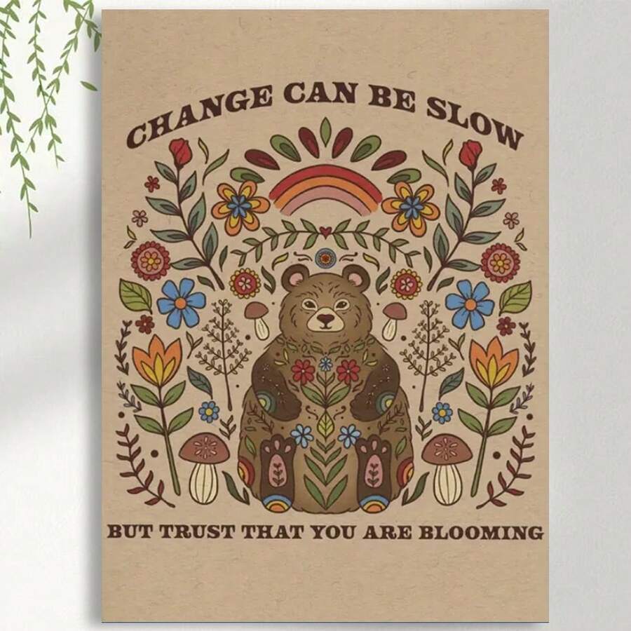 Framed Inspirational Boho Bear Floral Art Print, Art Deco Style Botanical Folk Poster, Portrait Orientation Medium With Spiritual Quote "Change Can Be Slow But Trust That You Are Blooming", Canvas Wall Art, Poster, Wall Decor For Bedroom, Living Room, Bathroom, Dining Room, Study Room, Perfect Gift For Mother's Day - Framed - View 1