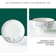 18pcs Ceramic Glazed Dinnerware Set, Includes 4 Bowls, 4 Plates, 4 Spoons, 4 Chopsticks, 1 Soup Bowl, 1 Serving Spoon, Suitable For 2-4 People, Nordic Style Ginkgo Leaf Design, Ceramic Bowls, Plates, Chopsticks Tableware Set