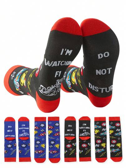 4 Pairs Racing Car Patterned Socks, Unique Gift For Car Enthusiasts, Knitted Racing Theme Fun Mid-Calf Socks, Suitable For Year-Round, Fall