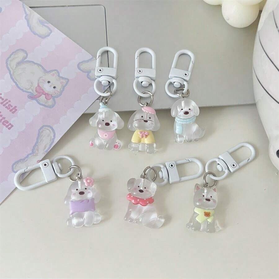 6 件套可爱透明狗形钥匙扣，趣味卡通包包挂饰，适合女孩、情侣和好友的时尚礼物 - 彩色 - 查看 1
