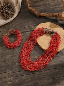 Handmade Crochet Beaded Necklace, Boho Style Popular In Europe And US - Red Suit - View 17
