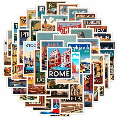 50pcs European Travel Stickers, City Stickers, Cartoon Stickers, Retro Travel Stickers, Country Stickers, World Map Stickers, Waterproof Vinyl Stickers Suitable For Water Bottles, Computers, Laptops, Phones, Luggage, Notebooks, Refrigerators, Etc.