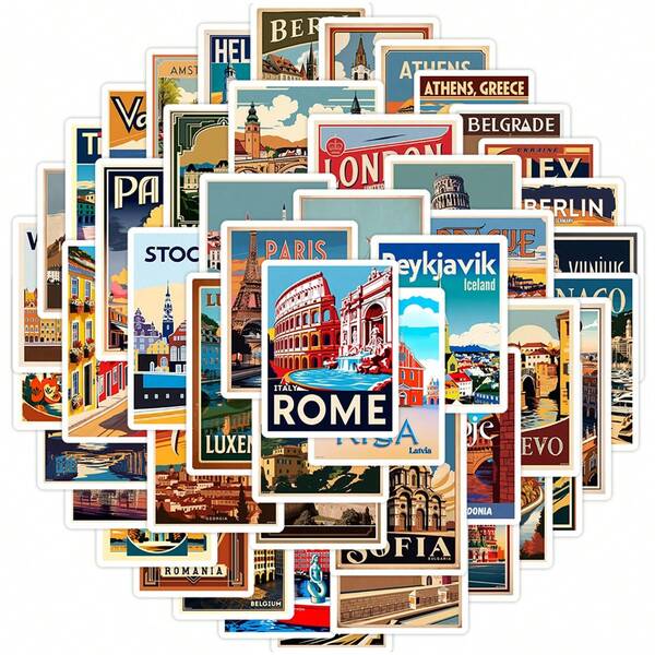 50Pcs European Travel Stickers City Stickers Cartoon Stickers Vintage Travel Stickers Country Stickers World Stickers Vinyl Waterproof Stickers For Water Bottle,Computer,Laptop,Phone,Luggage,Notebook,Fridge