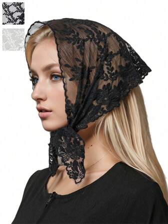 1pc Floral Lace Trim Wedding Veil Silk Scarf Bandana
