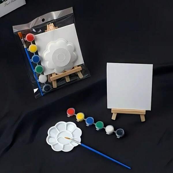 5-Piece Mini Canvas And Easel Set For DIY Miniature House Accessories Decor, Includes White Blank Mini Canvas Boards, Palette, Wooden Easel And Brushes For Painting, DIY And Practice, Thick And Anti-Slip Stable Design Painting Supplies