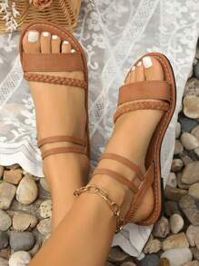 Sandalias planas tipo slip-on con estilo bohemio de verano, sandalias planas romanas con tiras, sandalias planas de punta abierta y versátiles en marrón, caqui, negro, verde oliva