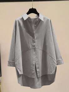 女士加大码纯色休闲纽扣衬衫 春季 - 灰色 - 查看 3