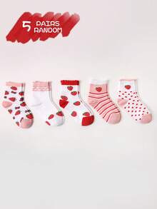 5 Pairs Girls Casual Socks, Cute Strawberry/Heart Decor, Fashionable, Skin-Friendly, Breathable, Soft, Sports & Leisure, Suitable For Daily Casual Wear, Holiday Gifts, Back To School, Random Colors - Multicolor - View 3