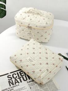 1Pc Green Makeup Bag, Quilted Toiletry Bag, Stylish And Casual Large Capacity Handbag, Tablet Storage Bag, Sanitary Napkin, Bag Cushion, Wired Headphones, Headphones, Charger, Lipstick, Cosmetics, Home Decoration, Suitable For Mothers, Students, Female Students, Office Workers, Commuting, Keys, Holiday Gifts - Beige - View 3