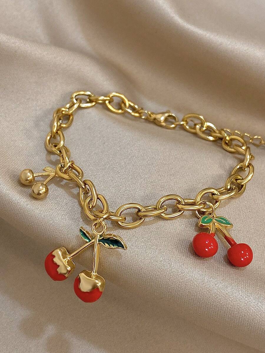 1Pc Golden Sweet & Edgy Cherry Charm Bracelet With Enamel Leaves For Women Girls, 18K Gold Plated Stainless Steel Stackable Chunky Chain, Mom Gift Christmas Thanksgiving Halloween Wedding Rave/Prom/Party/Daily Accessories Gift For Anniversary Valentine's Day Boho Jewelry Birthday Bridesmaid Gifts