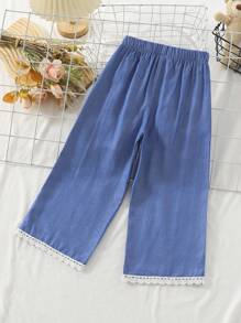 Young Girl' Wide Leg Pants, 2025 New Fashion Daily Casual All-Match Floral Embroidered Ruffle Hem Trousers