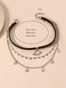 1pc Handmade Multi-Layer Metallic Star Charm Necklace, Silver - Silver - View 11