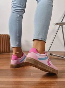 Women's Round Toe Lace-Up Contrast Color Flat Sneakers, Spring/Autumn Campus Style Fabric Trainer Shoes