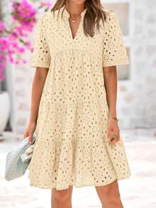 Women Summer Embroidery Eyelet  Short Dress V Neck Short Sleeve Hollow Out Lace Ruffle Tiered Flowy Mini Dress Solid White Casual Boho Bohemian Resort Beach Holiday Vacation Valentine Babydoll Mini Short Dress - 杏色 - 查看 3