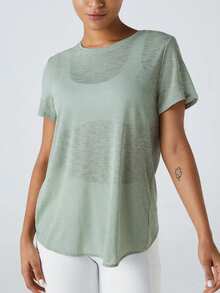 Summer Hollow-Out Back Loose Yoga Cover-Up Bamboo Fiber Mesh Loose Fit Yoga Short Sleeve T-Shirt - Mint Green - View 2