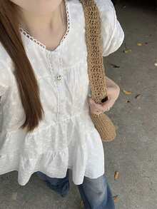 娇小白色刺绣连衣裙休闲可爱迷你连衣裙叠加A字蛋糕裙夏季 - 白色 - 查看 9