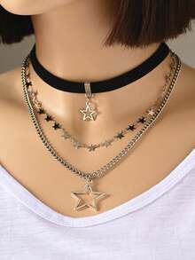 1pc Handmade Multi-Layer Metallic Star Charm Necklace, Silver - Silver - View 3