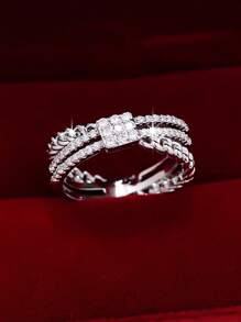 1 pieza Anillo de zirconia cuadrado elegante y brillante con diseño de cruce, diseño clásico para damas, apropiado para citas, propuestas, bodas y ocasiones casuales