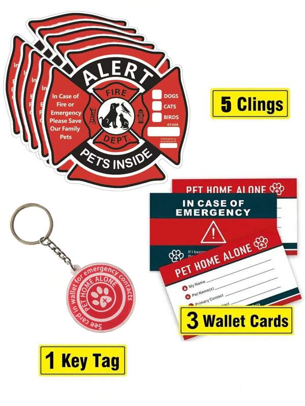 Set de 9 piezas Herramienta de Alerta para Mascotas (Incluye 5 pegatinas de Alerta para Mascotas, 1 etiqueta para llavero, 3 tarjetas de cartera), Pegatinas de Advertencia de Emergencia para Rescate de Incendios a Prueba de agua, Salva a Nuestros Gatos/Perros en una Situación de Incendio de Emergencia, Los Bomberos Usarán las Pegatinas de Alerta para Salvar a Nuestra Familia de una Ventana, Puerta o Casa