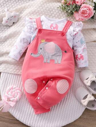 Hibobi 2 piezas Conjunto para Bebé Niña con Elefante de Dibujos Animados – Camiseta con Estampado de Elefante, Pantalones con Tirantes Rosados y Diadema con Lazo, Adecuado para Niñas de 0 a 1 Año en Primavera y Otoño