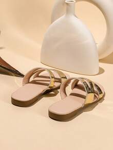 1 Pair Girls Striped Woven Flat Slippers, Fashionable And Comfortable - Gold - View 6