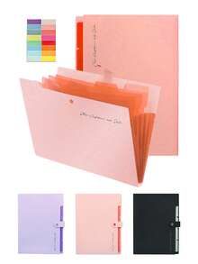 1pc Black/Pink/Purple PP Plastic A4 Document Organizer Bag, Multi-Purpose Large Capacity 5-Compartment With Snap Closure, Suitable For Kids, Students, School, Learning Supplies, Test Papers, Documents - Multicolor - View 1