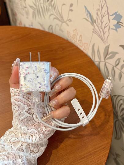 Simple Floral Pattern Clear TPU Charger Protection Case, Compatible With IPhone 13/14/15, Compatible With 18W/20W Adapter - Includes Cable And Plug Cover, Ideal Birthday/Holiday Gift Cable Protector, Charger Protector