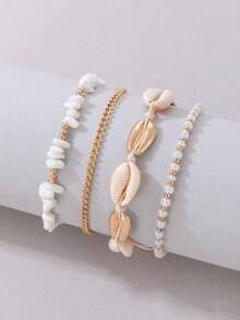 4pcs/Set Women Beach Foot Jewelry, Multi-Layer White Stone & Shell & Seed Bead Braided Anklets - Yellow Gold - View 2