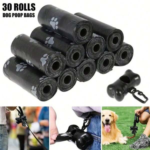 30 rolos de saco de lixo durável para cães com 1 dispensador em formato de osso, à prova d'água e durável, com design de ponto de ruptura. Produtos de limpeza para animais de estimação (tamanho do saco de lixo: 30 x 22 cm)