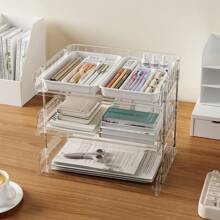 4/3/2 Layers Transparent/White Desktop Organizer With Multi-Compartment Pen Tray, A4 File Holder – Easy Assembly, Minimalist Design, Large Capacity Multifunctional Stationery Shelf For Office, Student Desk Organization, Back To School